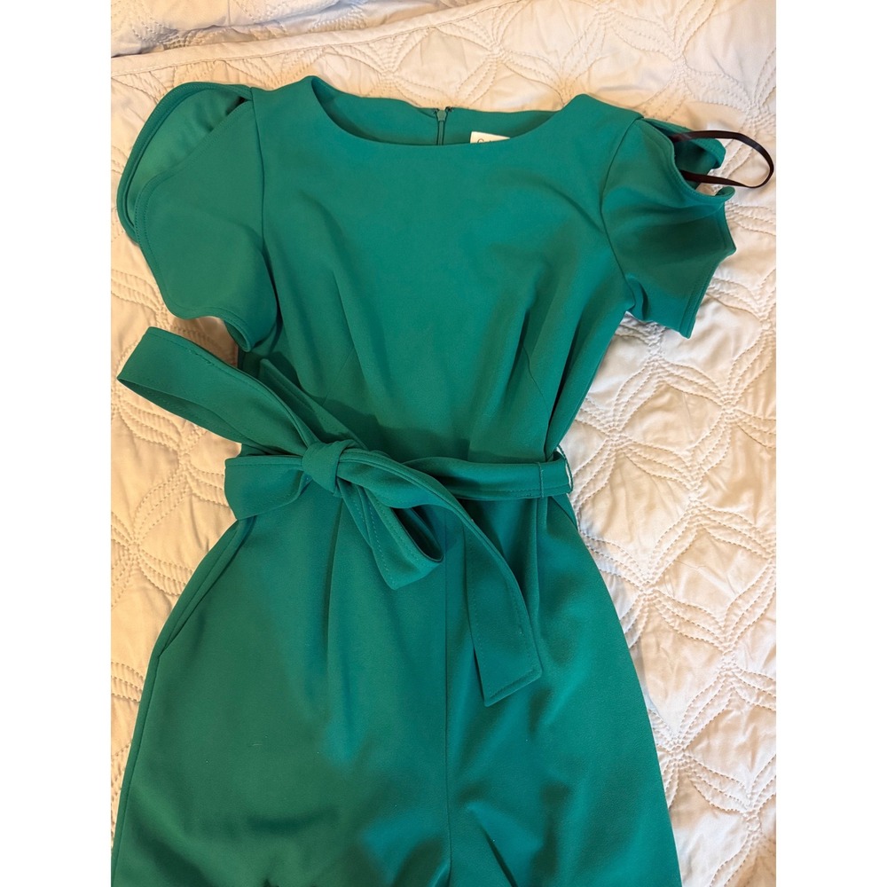 Calvin Klein Womens Emerald Green‎ Tulip Sleeve Tie Waist Pocket Jumpsuit Size 2